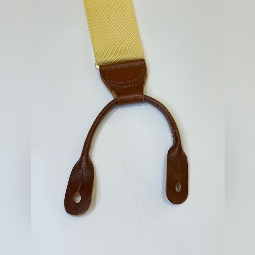 🌟2xHP🌟VTG 1980s-90s Dooney & Bourke Yellow Silk Leather Suspenders Braces Button - Picture 2 of 9